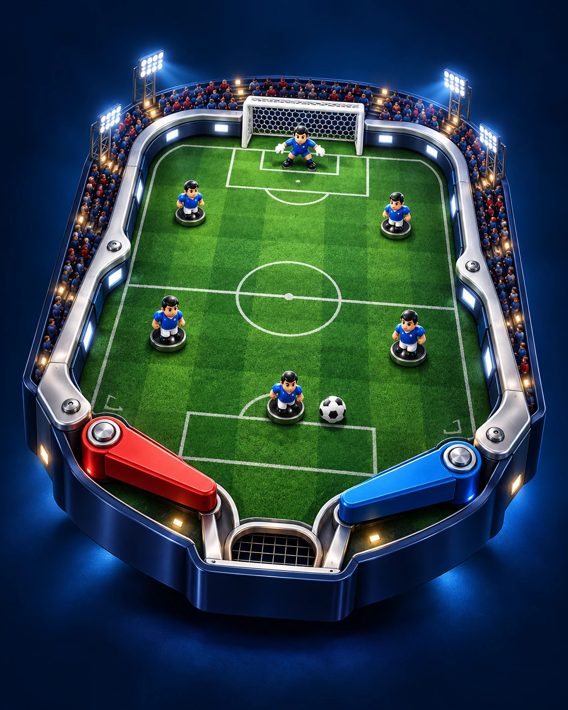 3D artwork of a miniature football-pinball stadium, with blue opponents, a ball on the pitch and red and blue flippers
